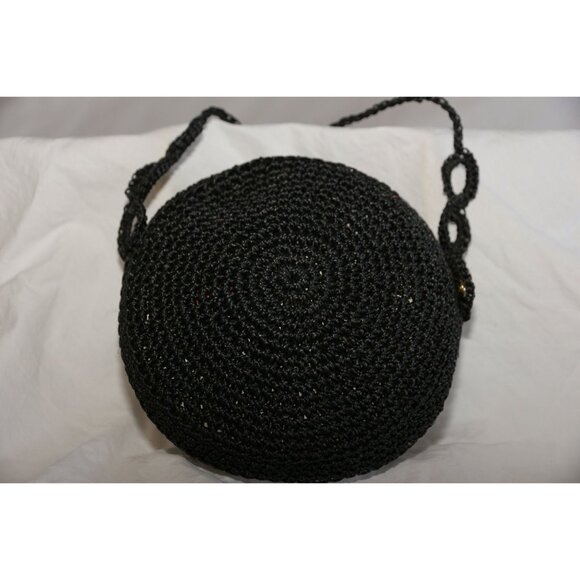 Vintage 1960's Crochet Round Purse Shoulder Crossbody Bag Black Handmade Zipper - Picture 2 of 6
